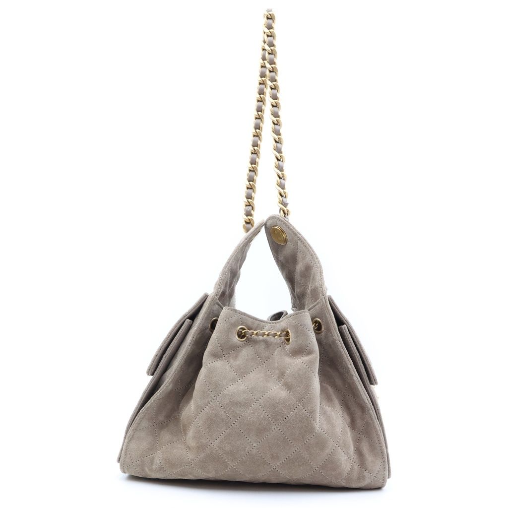 Chanel 25 Small Chain Shoulder Bag Suede Leather Gold Gray Plate — view 2