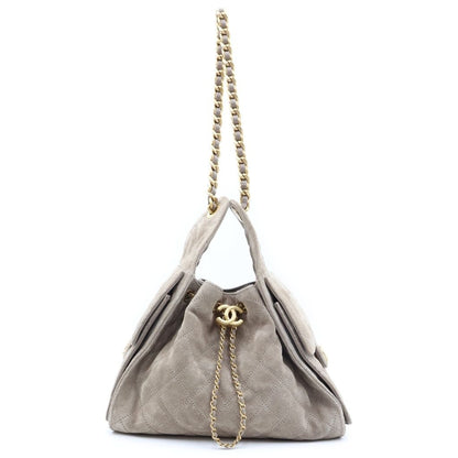 Chanel 25 Small Chain Shoulder Bag Suede Leather Gold Gray Plate