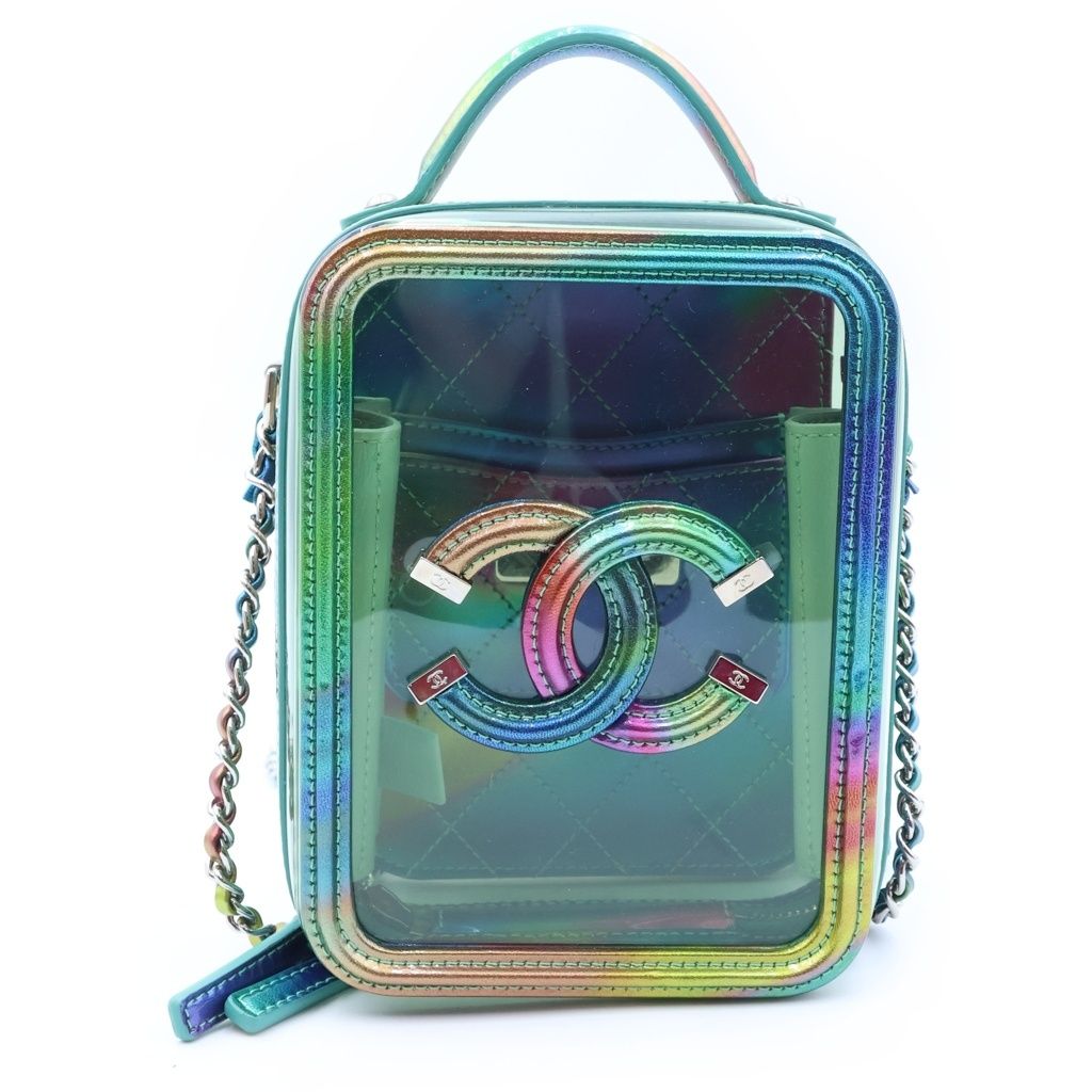 Chanel CC Filigree Shoulder Bag Vinyl Patent Leather Silver Rainbow