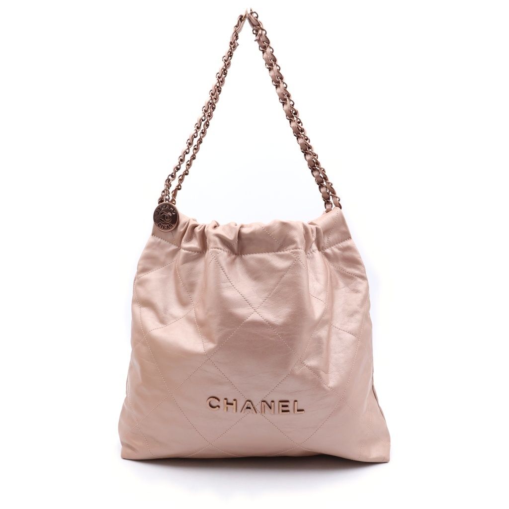 Chanel 22 Small Chain Shoulder Bag Calfskin Leather Gold Metallicpink Plate