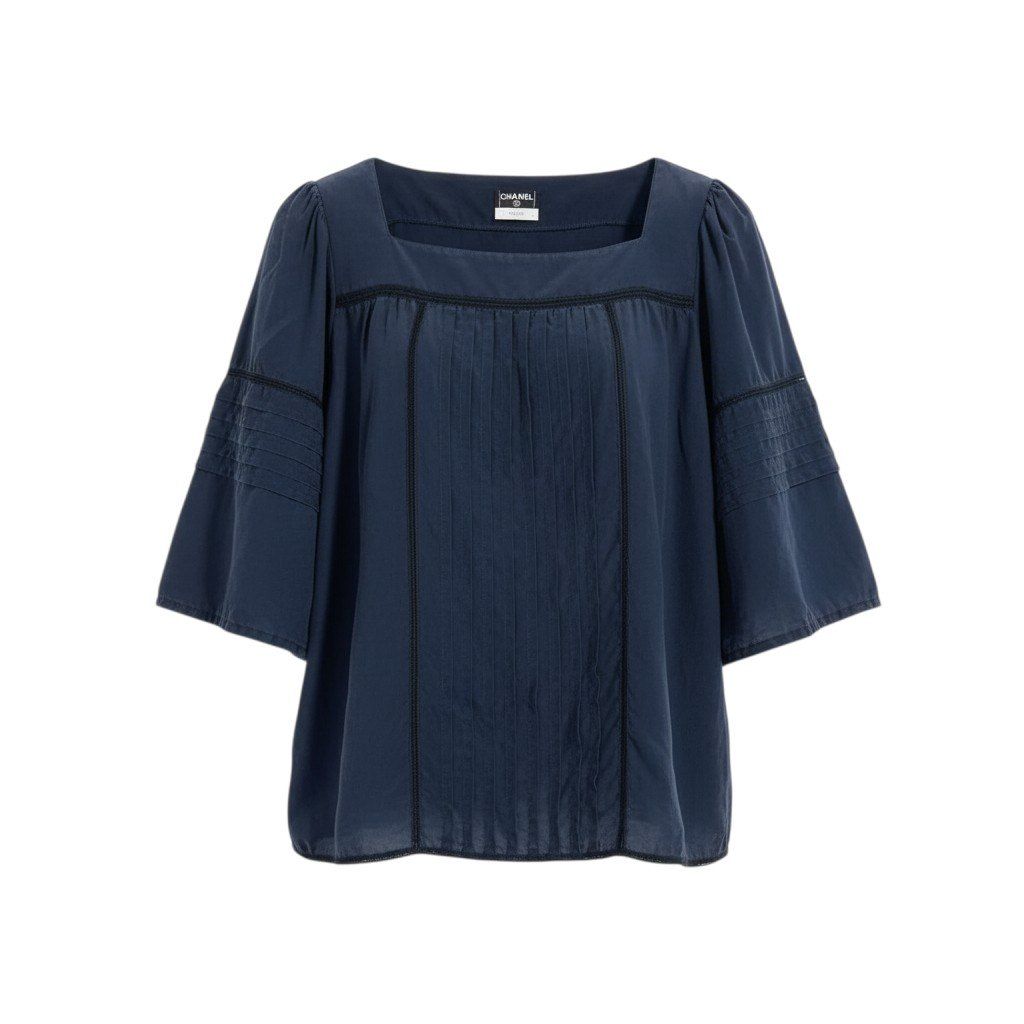 Chanel Silk Blouse Square Neck Puff Sleeve Navy 42