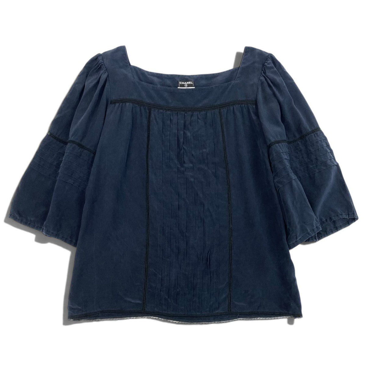 Chanel Silk Blouse Square Neck Puff Sleeve Navy 42 — view 2