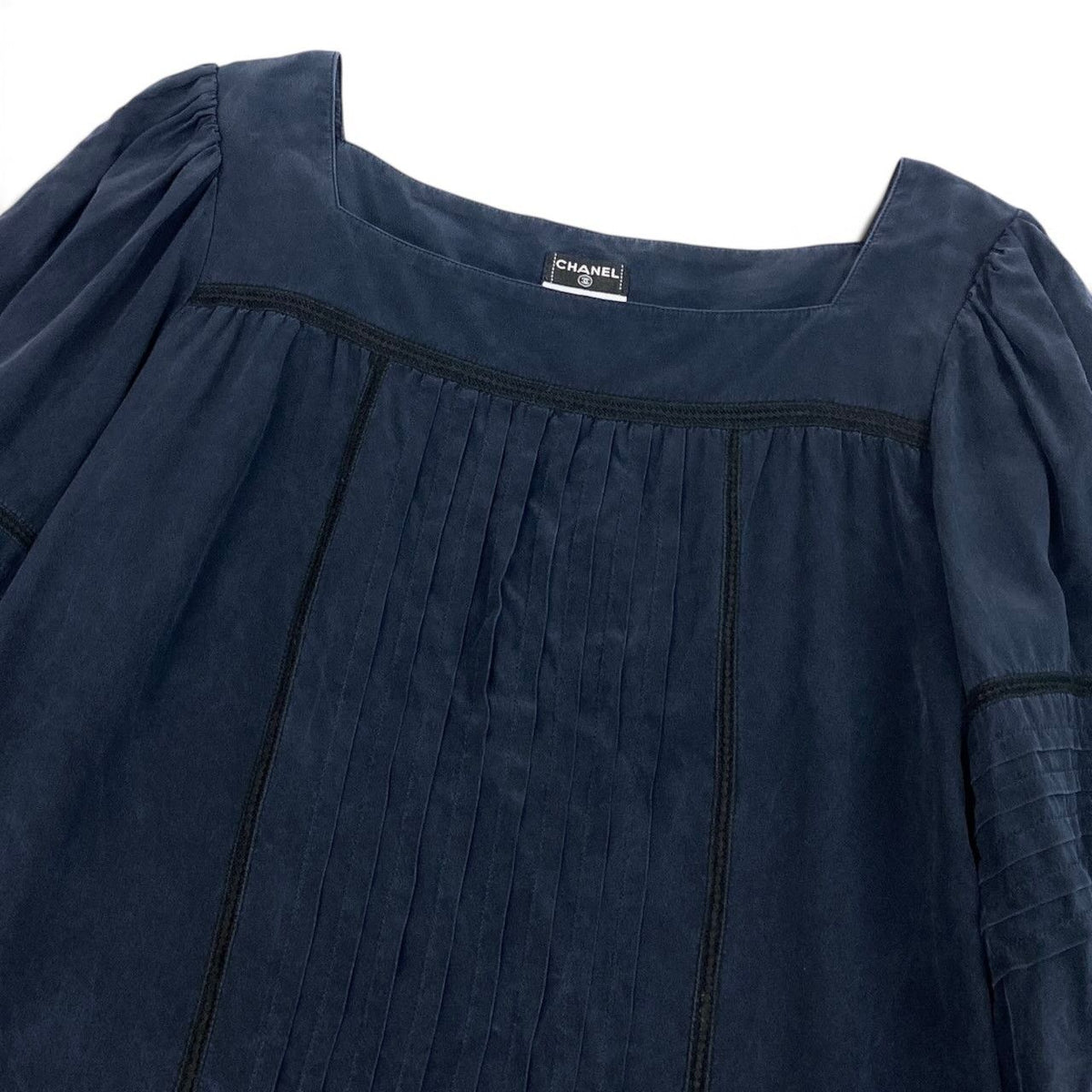 Chanel Silk Blouse Square Neck Puff Sleeve Navy 42 — view 4
