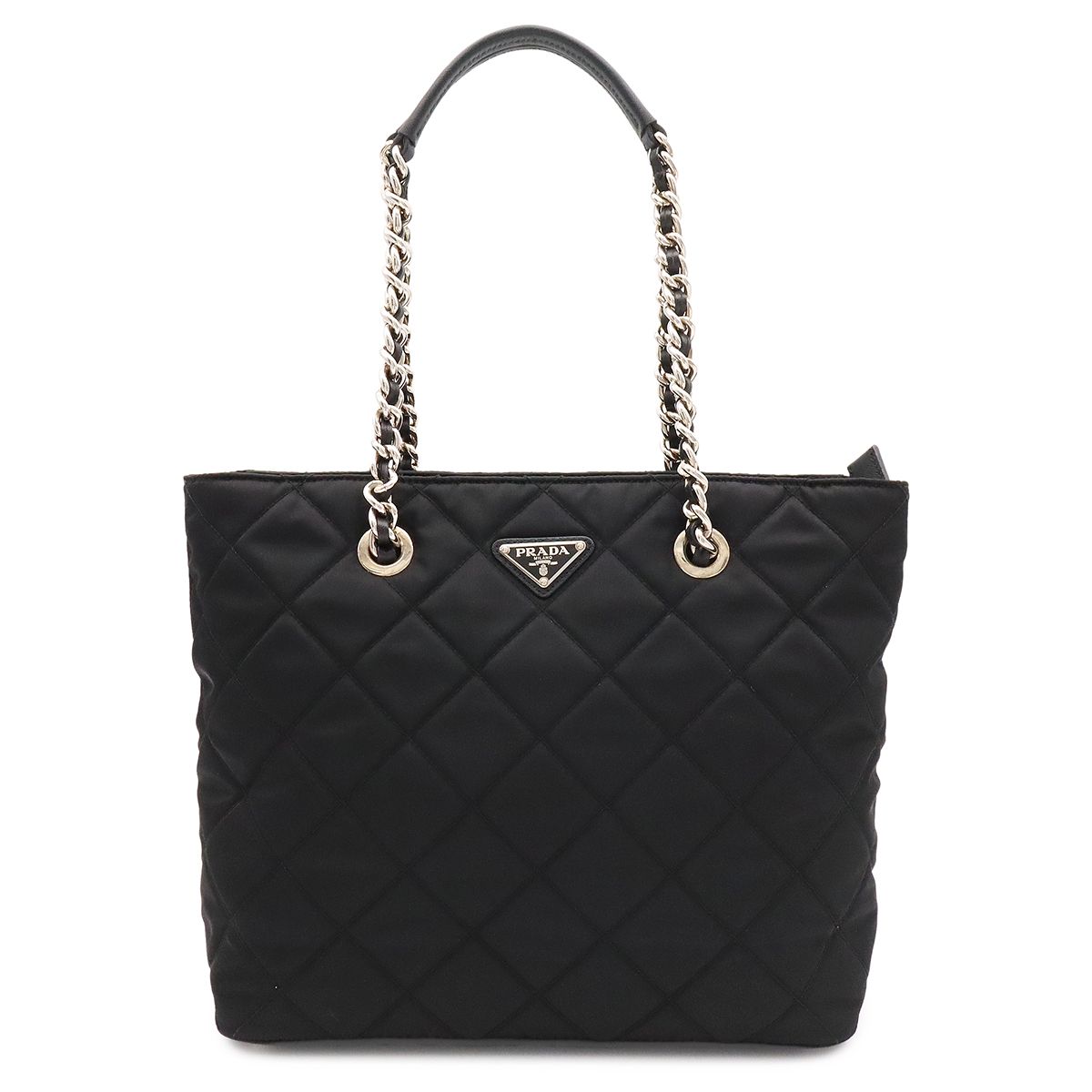 Prada Triangle Logo Tote Chain Shoulder Bag Quilted Nylon Nero Black Silver