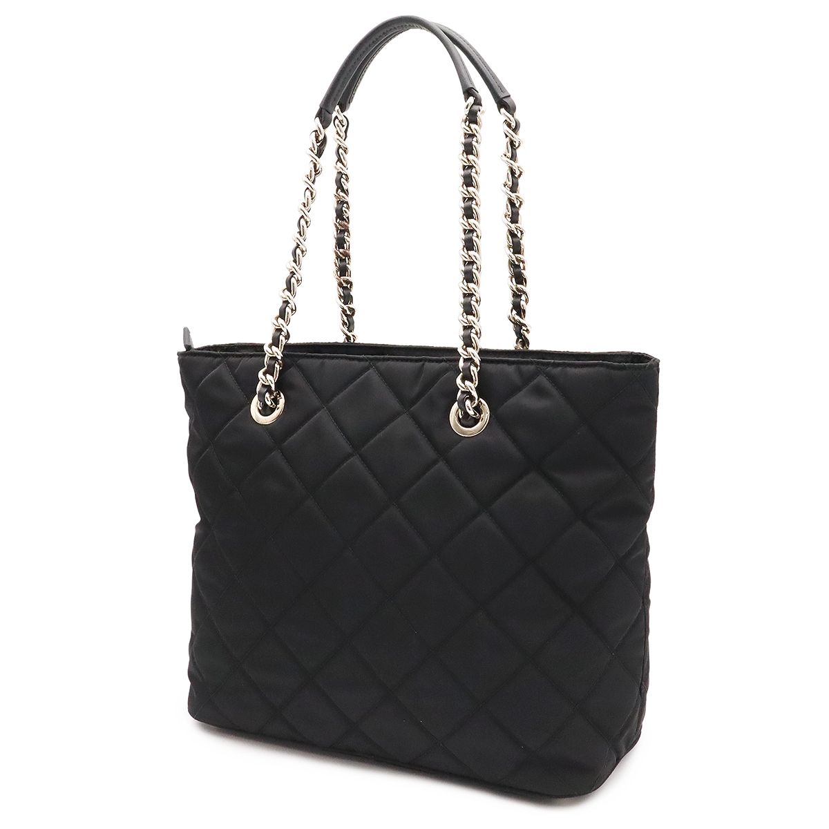 Prada Triangle Logo Tote Chain Shoulder Bag Quilted Nylon Nero Black Silver — view 2