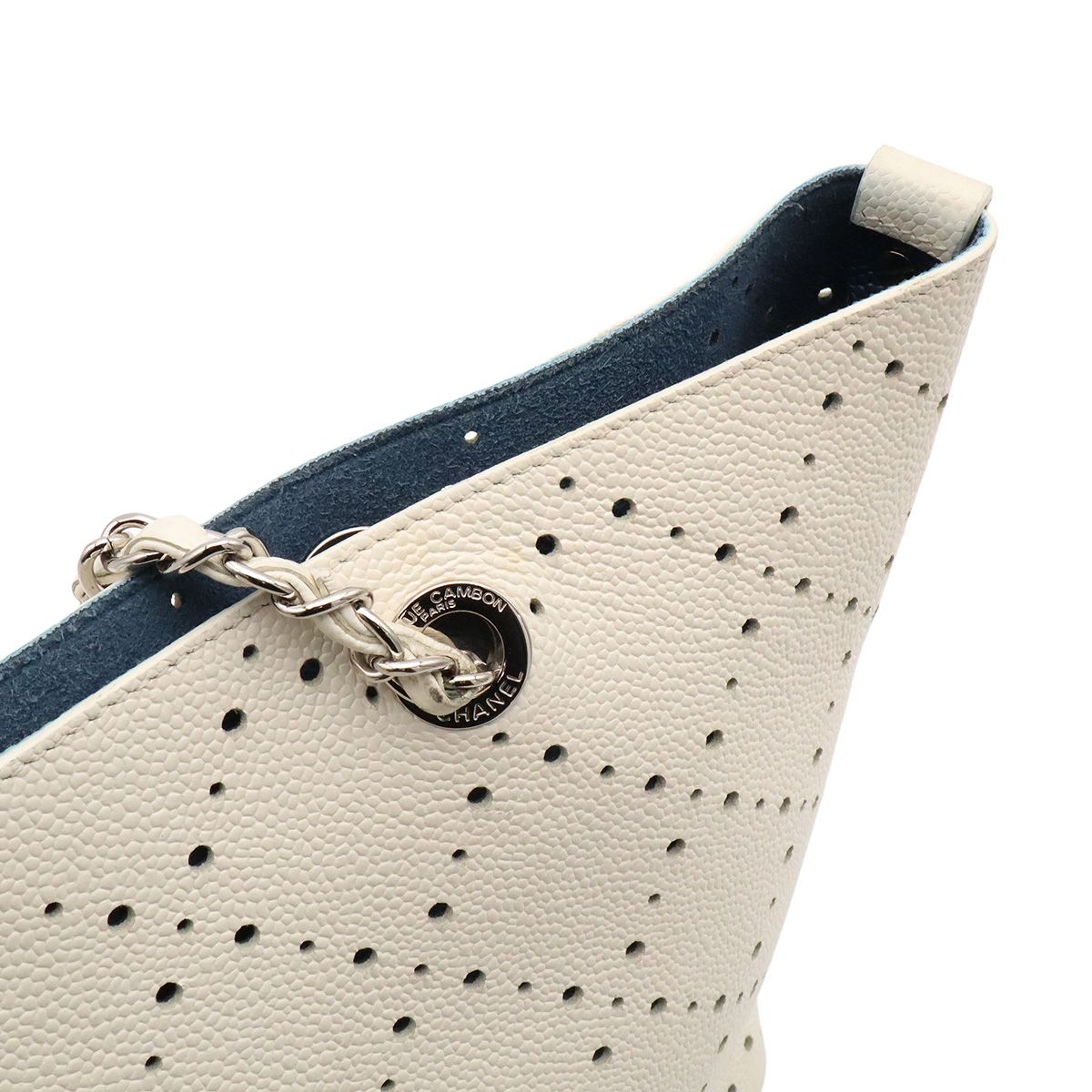 Chanel Perforated Tote Chain Shoulder Bag Caviar Leather Ivory Blue Silver — view 7