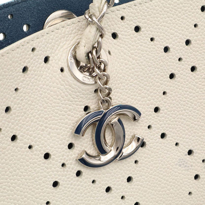Chanel Perforated Tote Chain Shoulder Bag Caviar Leather Ivory Blue Silver — view 5