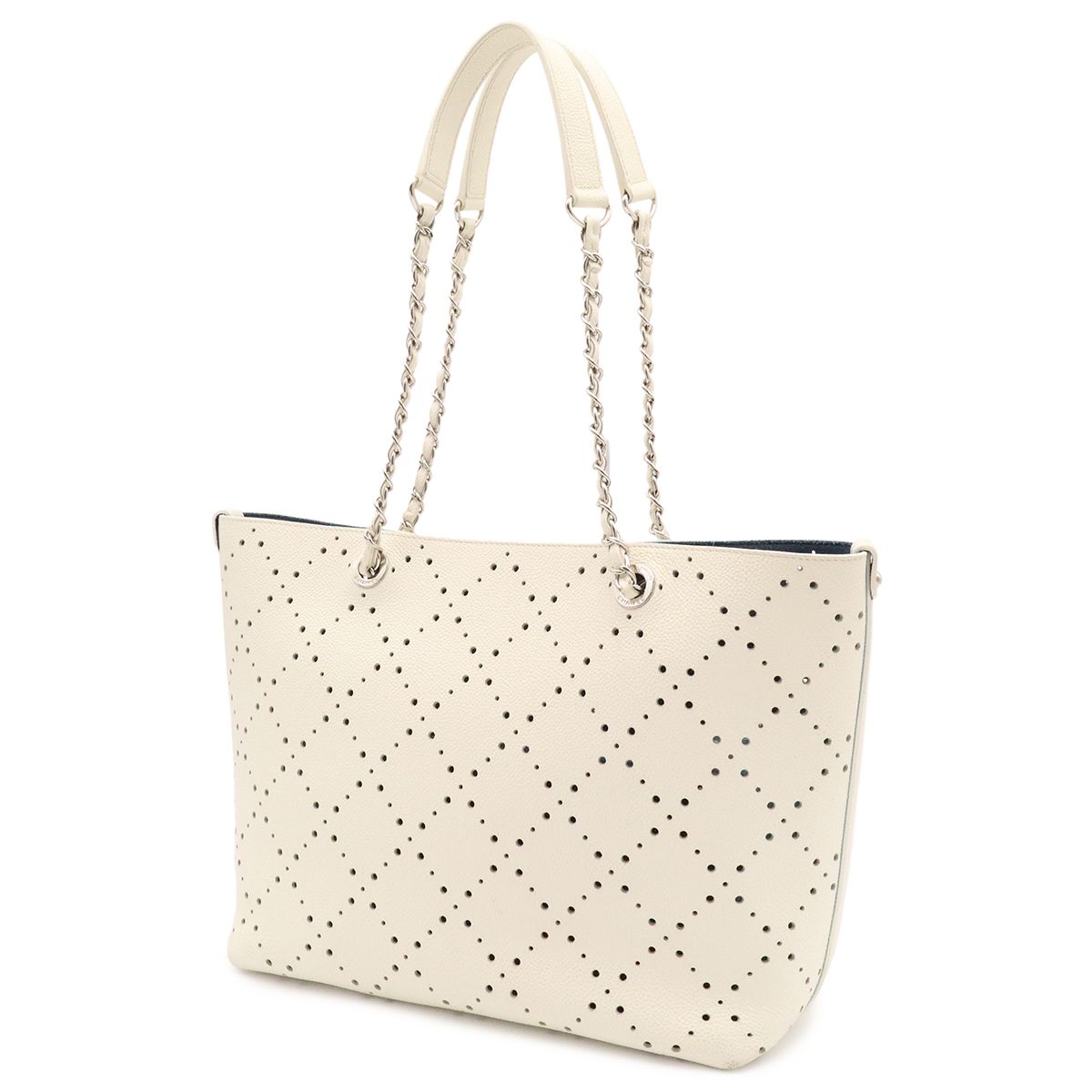 Chanel Perforated Tote Chain Shoulder Bag Caviar Leather Ivory Blue Silver — view 2