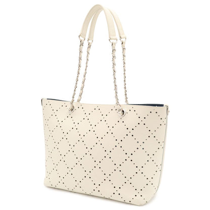 Chanel Perforated Tote Chain Shoulder Bag Caviar Leather Ivory Blue Silver — view 2
