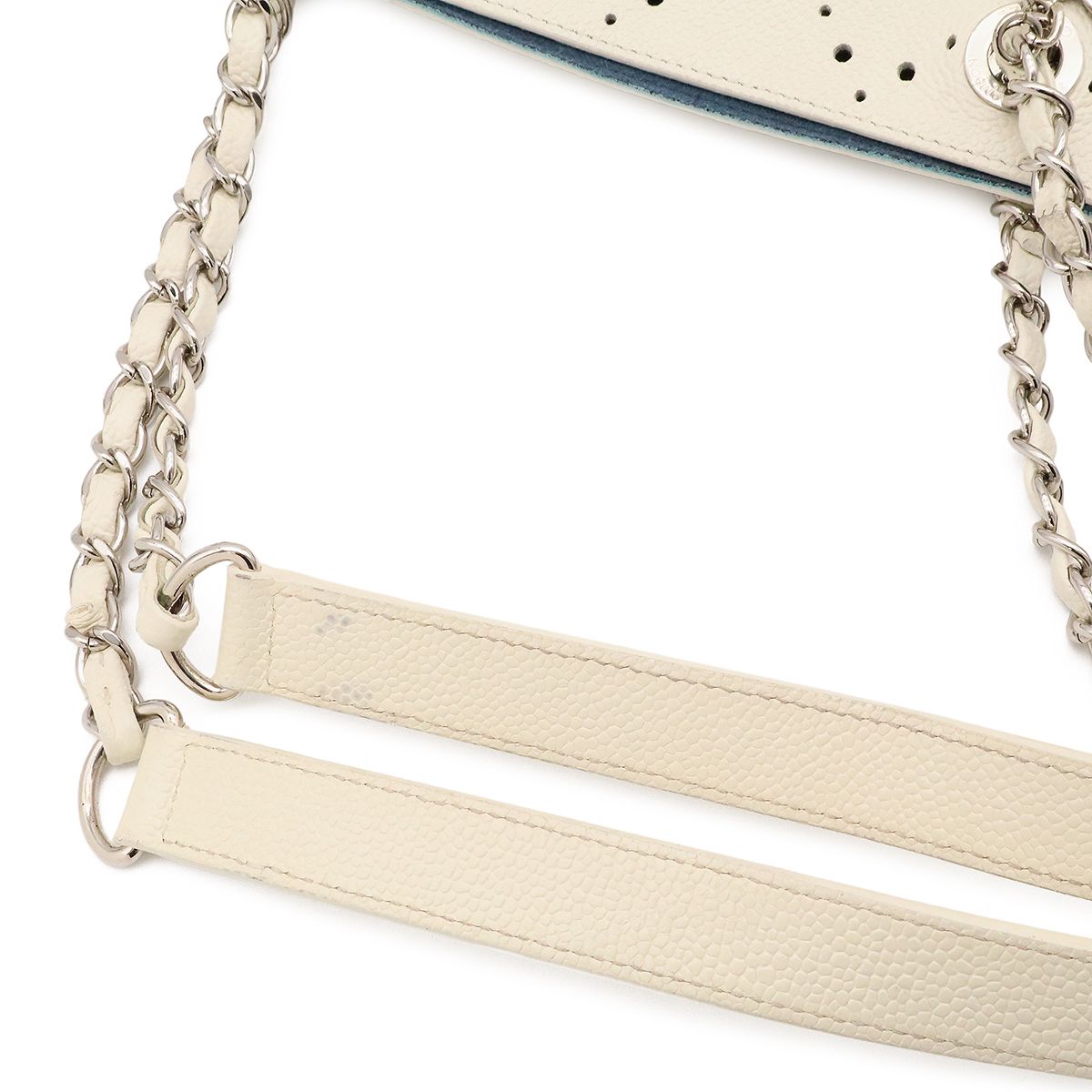 Chanel Perforated Tote Chain Shoulder Bag Caviar Leather Ivory Blue Silver — view 4