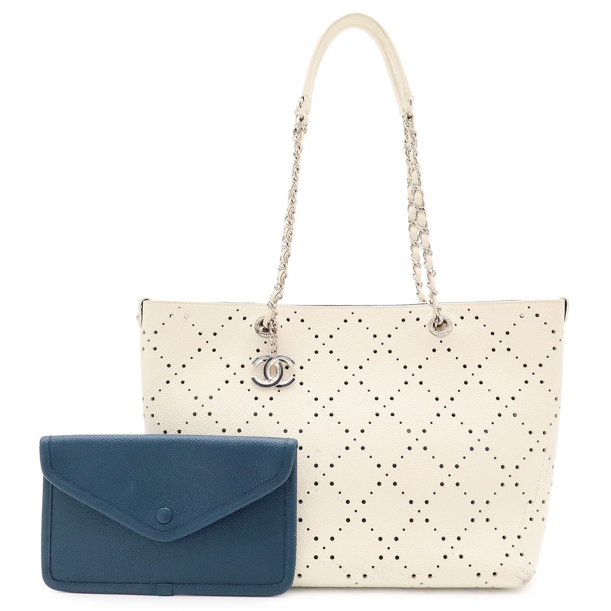 Chanel Perforated Tote Chain Shoulder Bag Caviar Leather Ivory Blue Silver