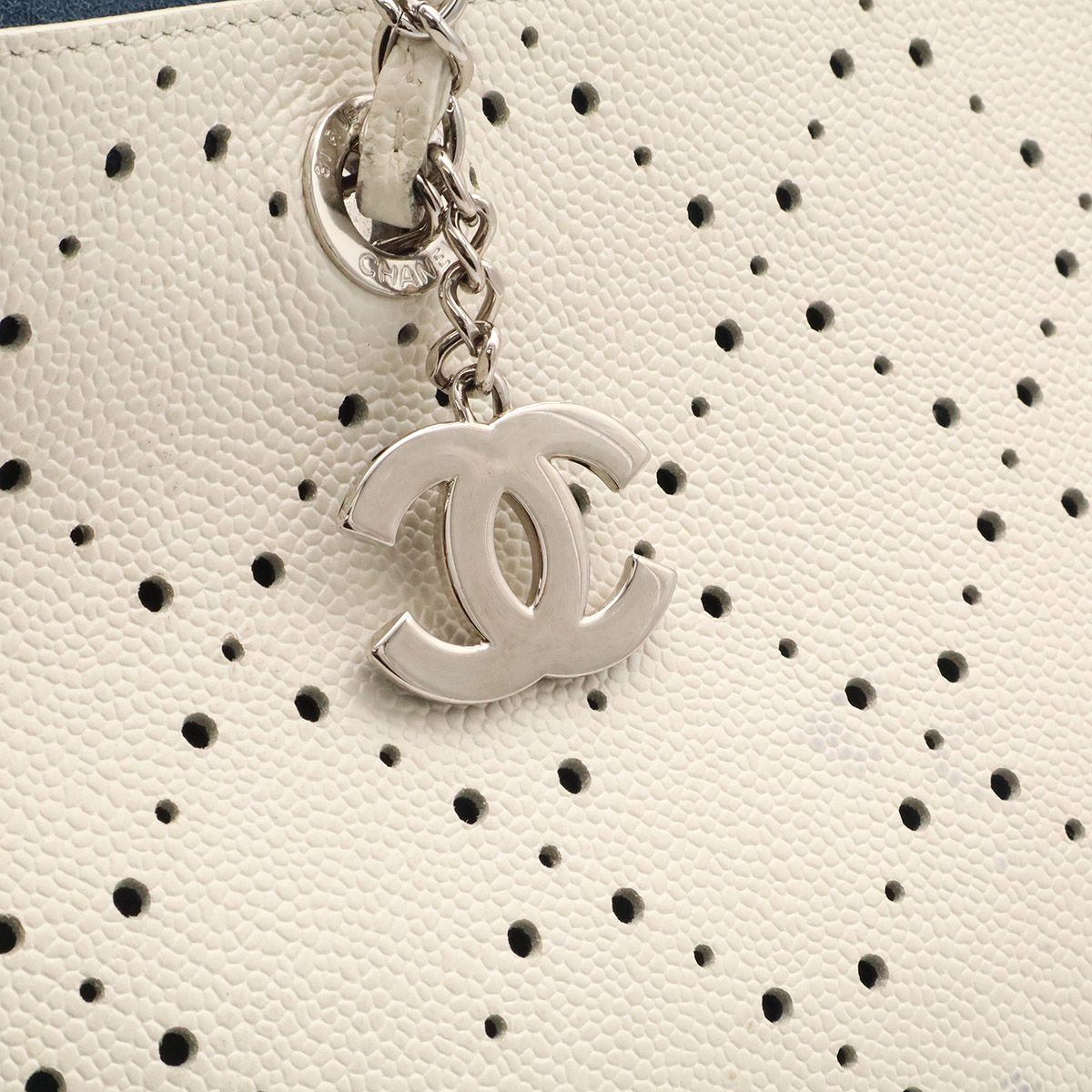 Chanel Perforated Tote Chain Shoulder Bag Caviar Leather Ivory Blue Silver — view 6