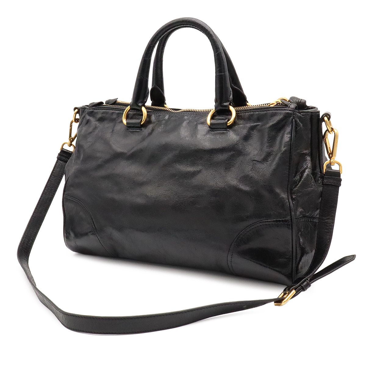 Prada Vitello Shine 2-Way Shoulder Bag Crossbody Leather Nero Black Gold — view 2