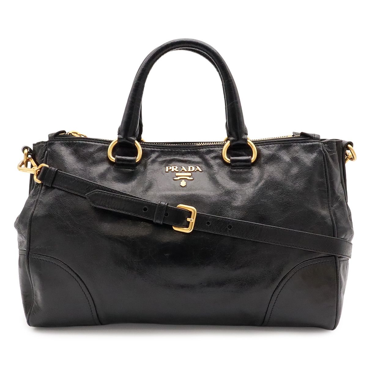 Prada Vitello Shine 2-Way Shoulder Bag Crossbody Leather Nero Black Gold