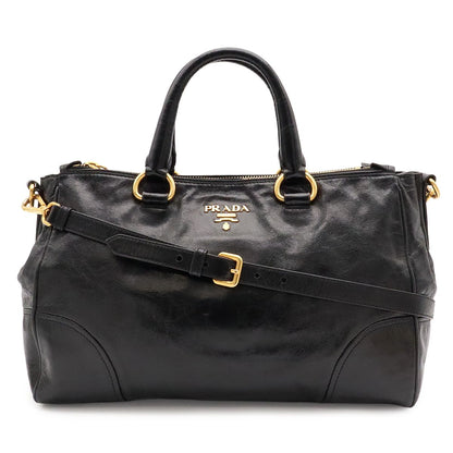 Prada Vitello Shine 2-Way Shoulder Bag Crossbody Leather Nero Black Gold