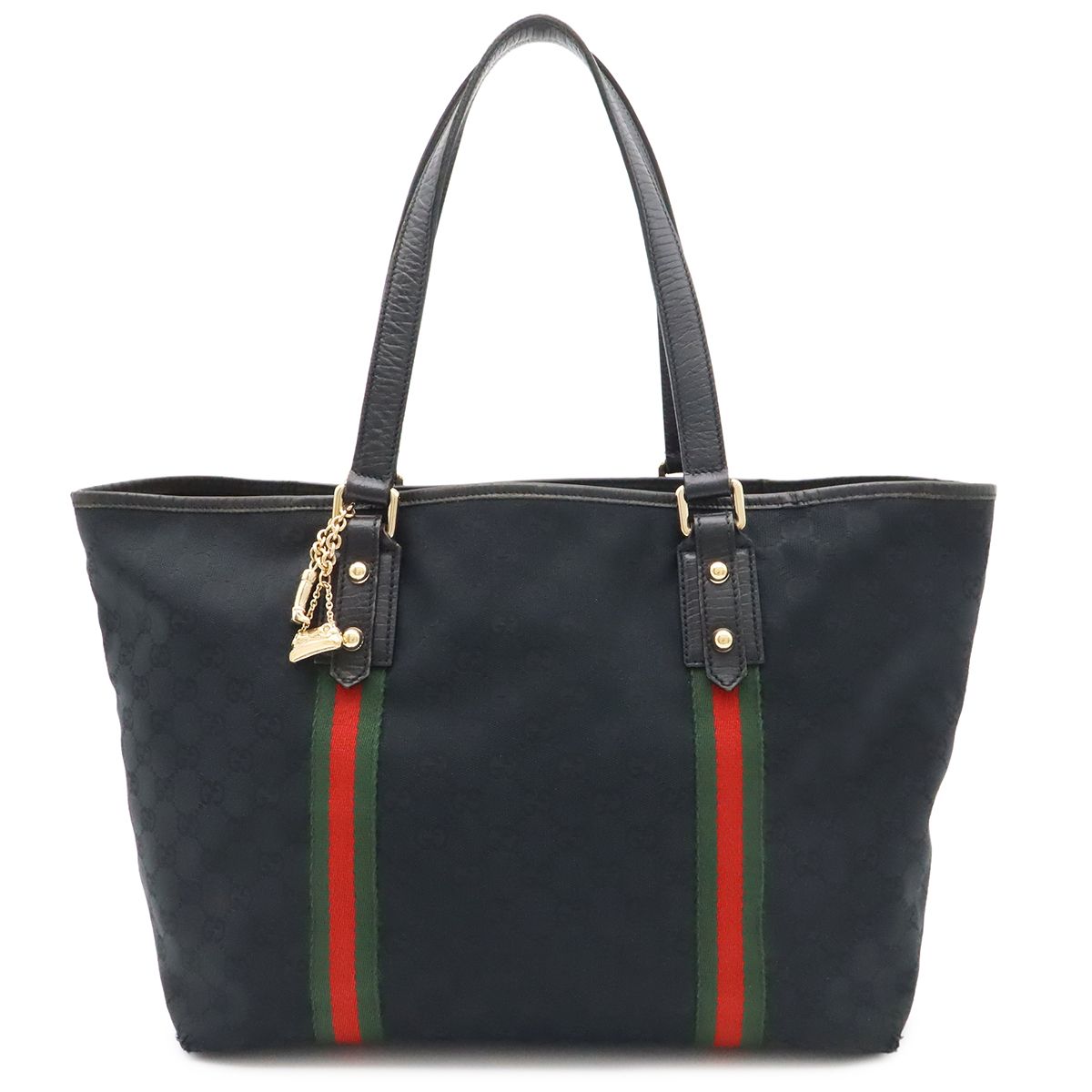 Gucci GG Canvas Sherry Line Tote Shoulder Bag Black Red Green Charm