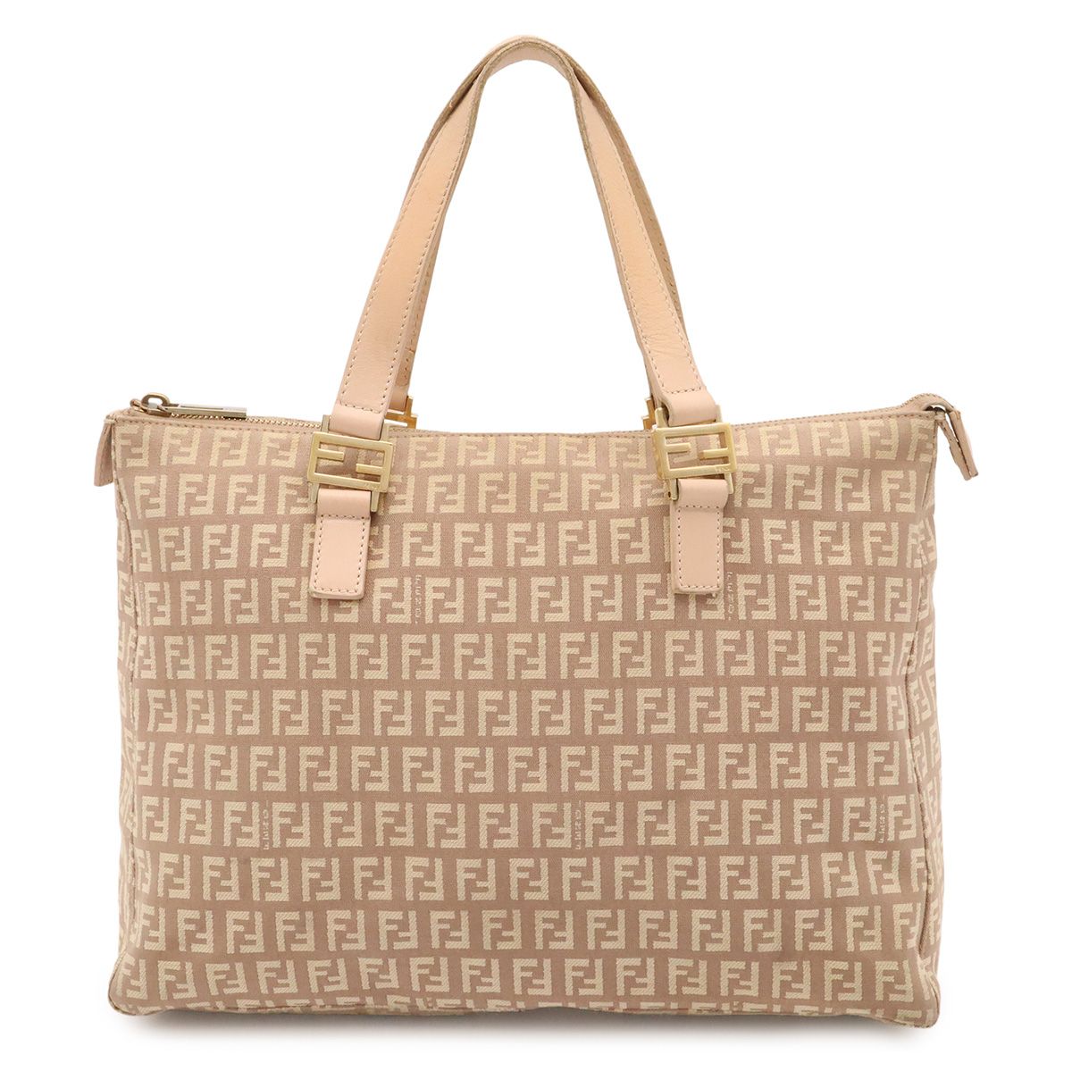 Fendi Zucchino Zucca Pattern Tote Bag Canvas Leather Pink Beige Gold