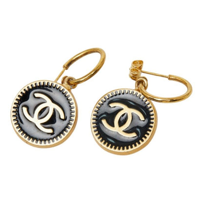 Chanel CC Logo Earrings Hoop Round Gold Black Plated — view 2
