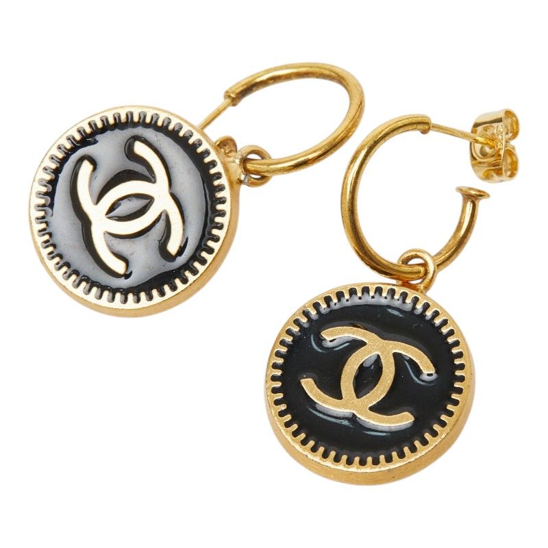 Chanel CC Logo Earrings Hoop Round Gold Black Plated