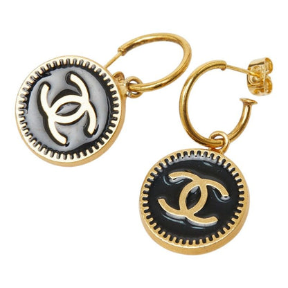 Chanel CC Logo Earrings Hoop Round Gold Black Plated