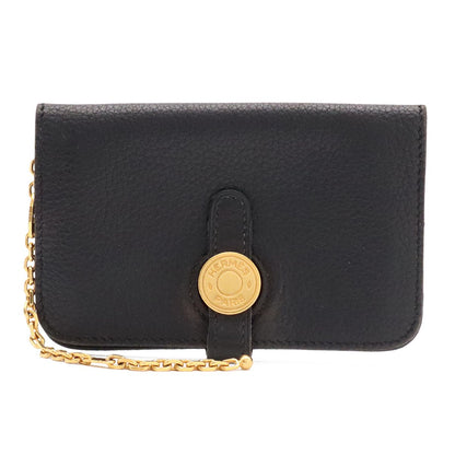 Hermes Dogon Key Case Coin Purse Card Leather Black Gold with Chain