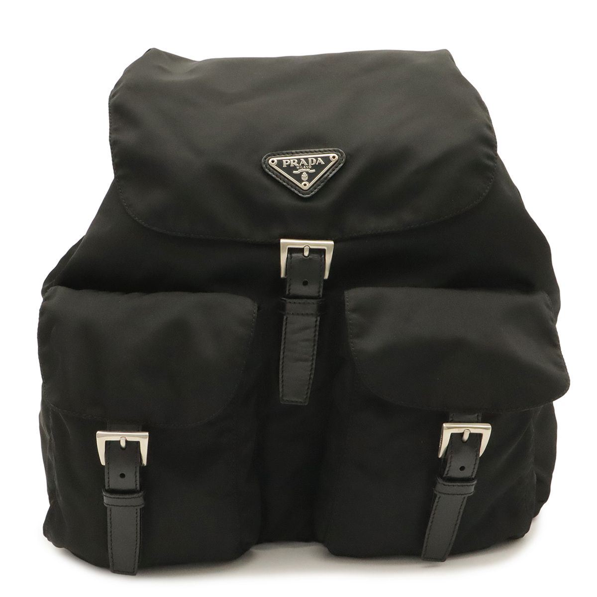 Prada Triangle Logo Backpack Nylon Leather Nero Black Silver