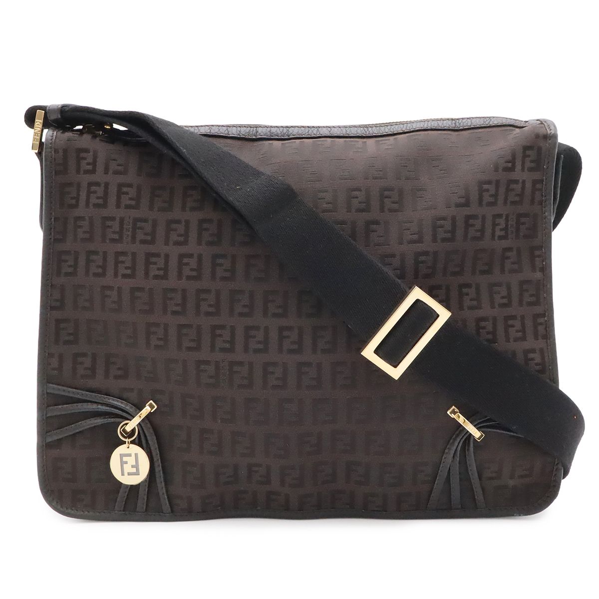 Fendi Zucchino Shoulder Bag Crossbody Canvas Leather Dark Brown Black Gold