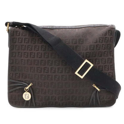 Fendi Zucchino Shoulder Bag Crossbody Canvas Leather Dark Brown Black Gold