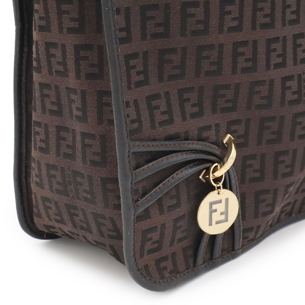 Fendi Zucchino Shoulder Bag Crossbody Canvas Leather Dark Brown Black Gold — view 8