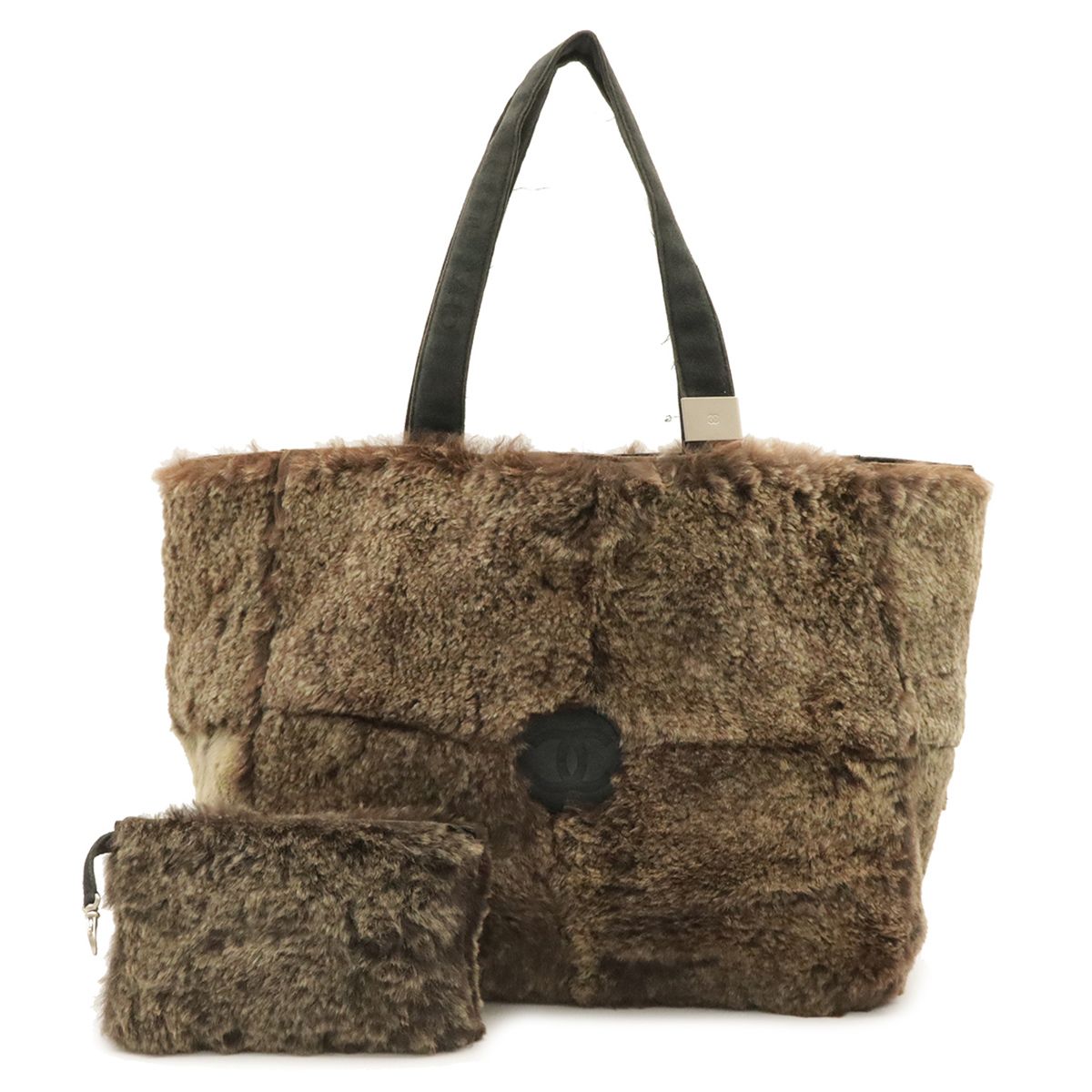 Chanel CC Logo Tote Fur Handbag Rabbit Fur Suede Brown Black