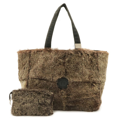 Chanel CC Logo Tote Fur Handbag Rabbit Fur Suede Brown Black