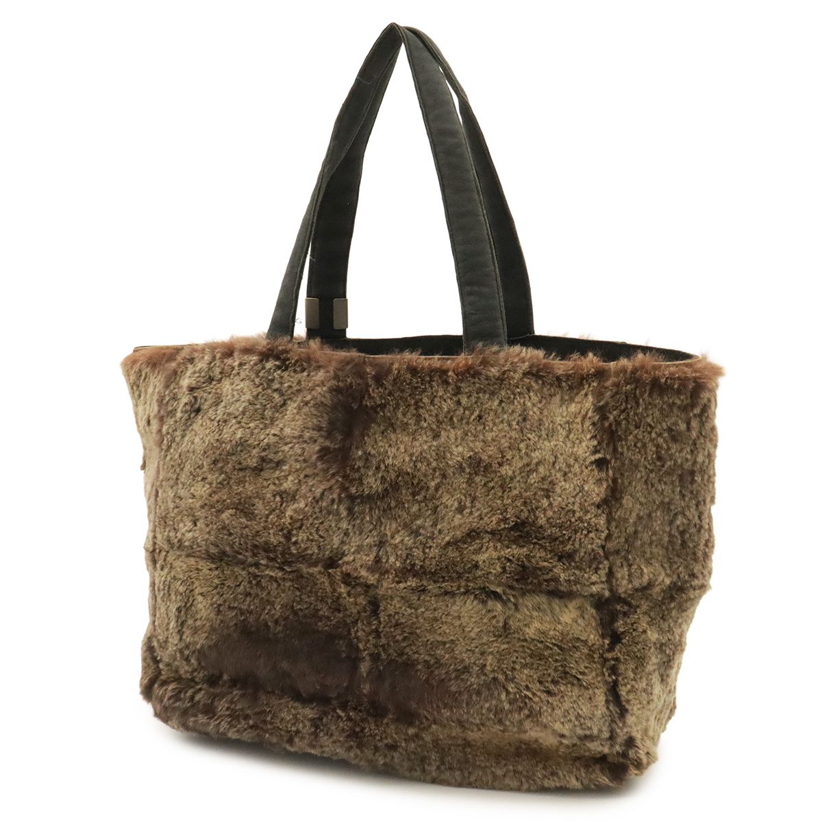 Chanel CC Logo Tote Fur Handbag Rabbit Fur Suede Brown Black — view 2