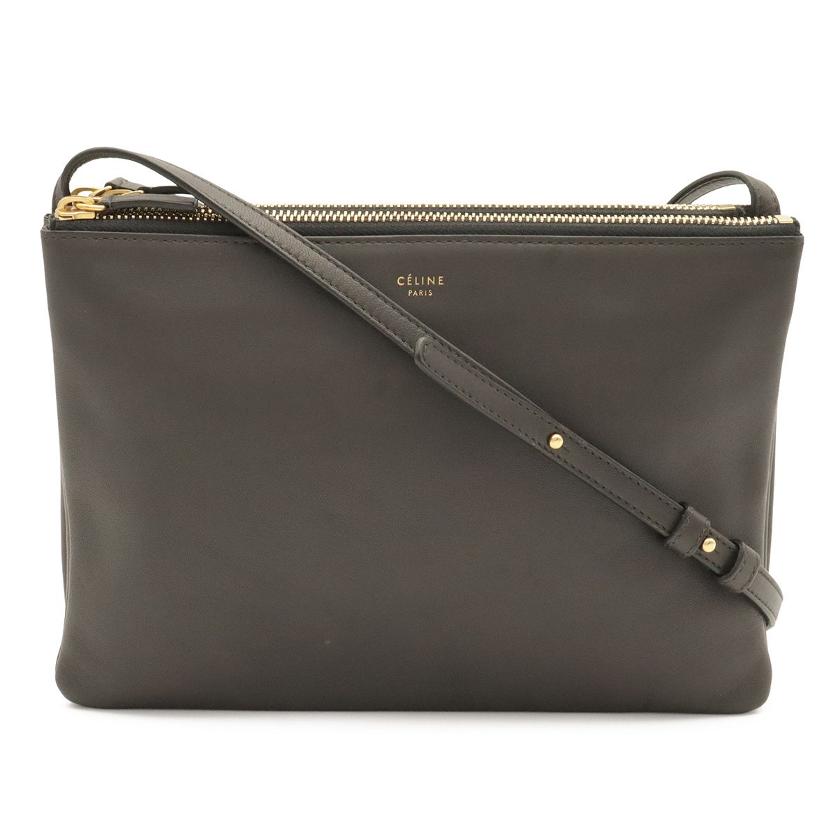 Celine Trio Large Shoulder Bag Pochette Crossbody Pouch Leather Charcoal Gray