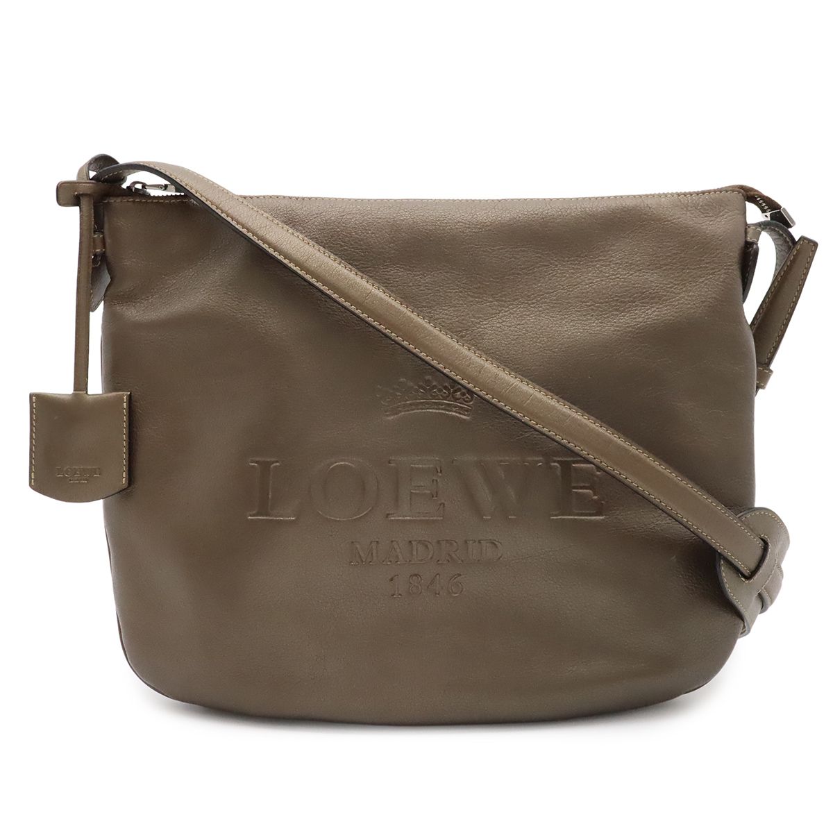 Loewe Heritage Logo Shoulder Bag Crossbody Metallic Leather Khaki Blanc Silver