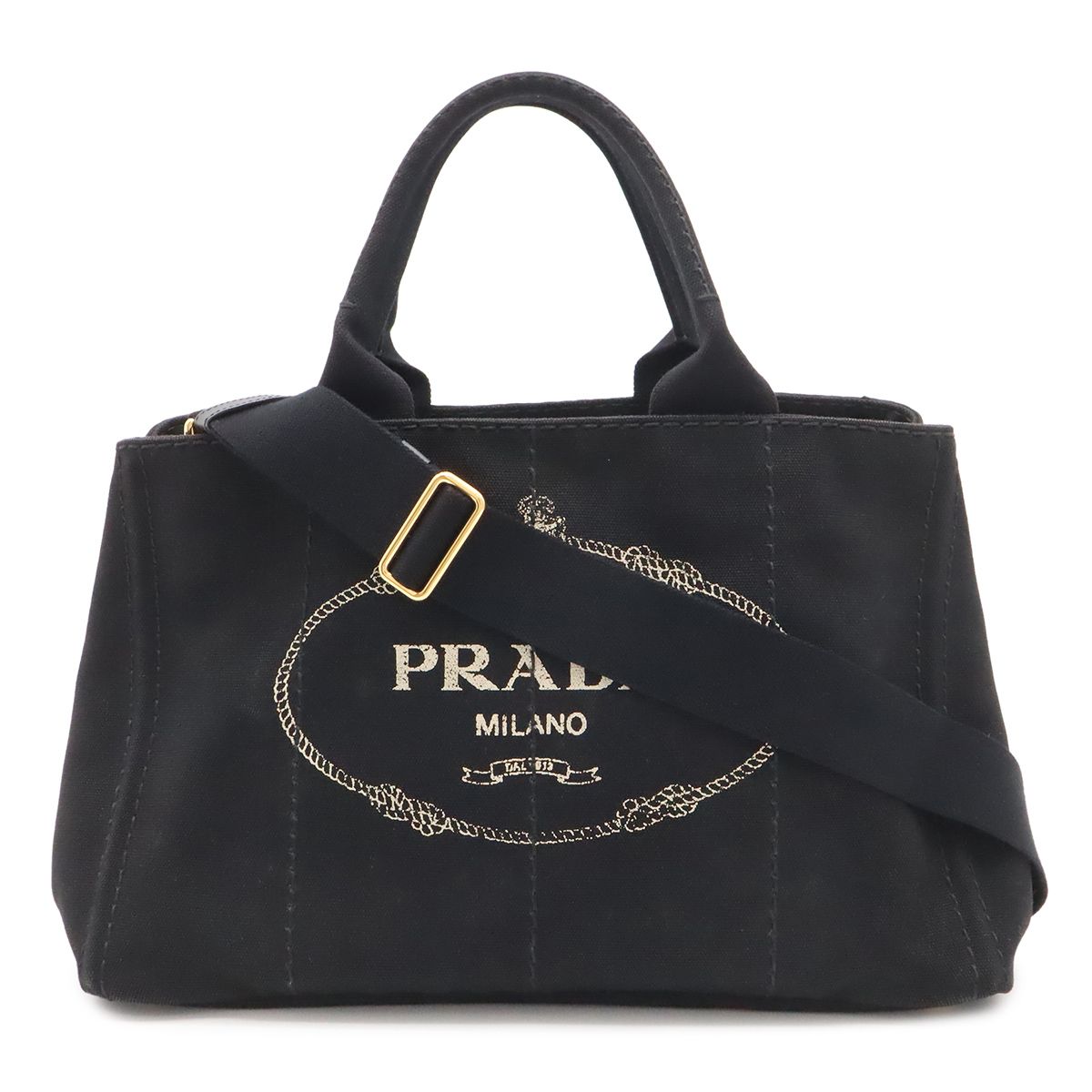Prada Canapa Tote 2-Way Shoulder Bag Canvas Nero Black Gold Domestic Boutique