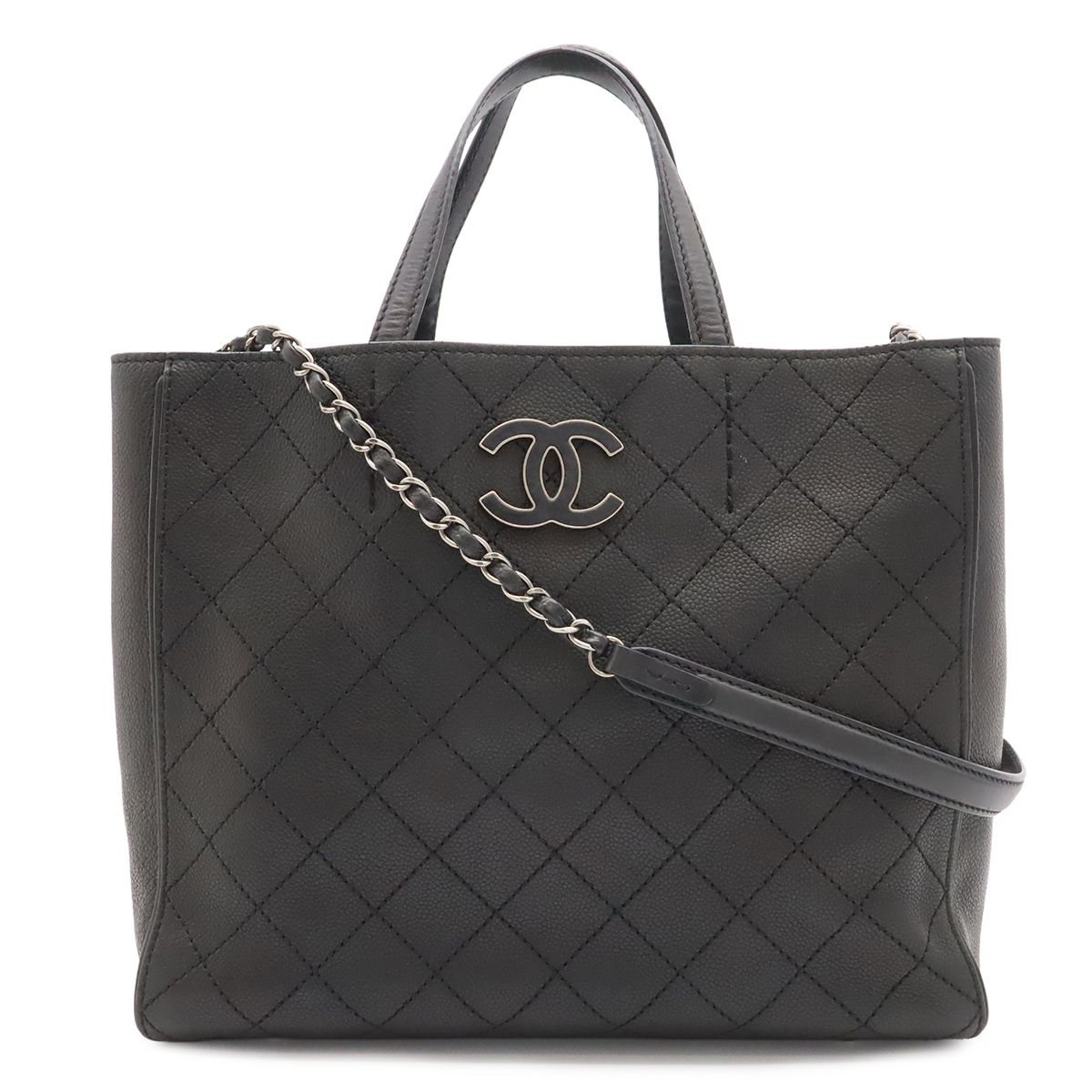 Chanel Quilted CC Logo Tote 2-Way Chain Shoulder Bag Caviar Leather Black