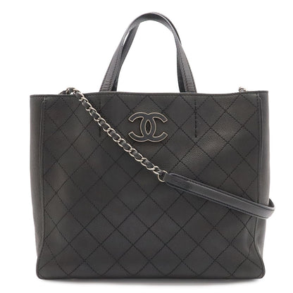 Chanel Quilted CC Logo Tote 2-Way Chain Shoulder Bag Caviar Leather Black