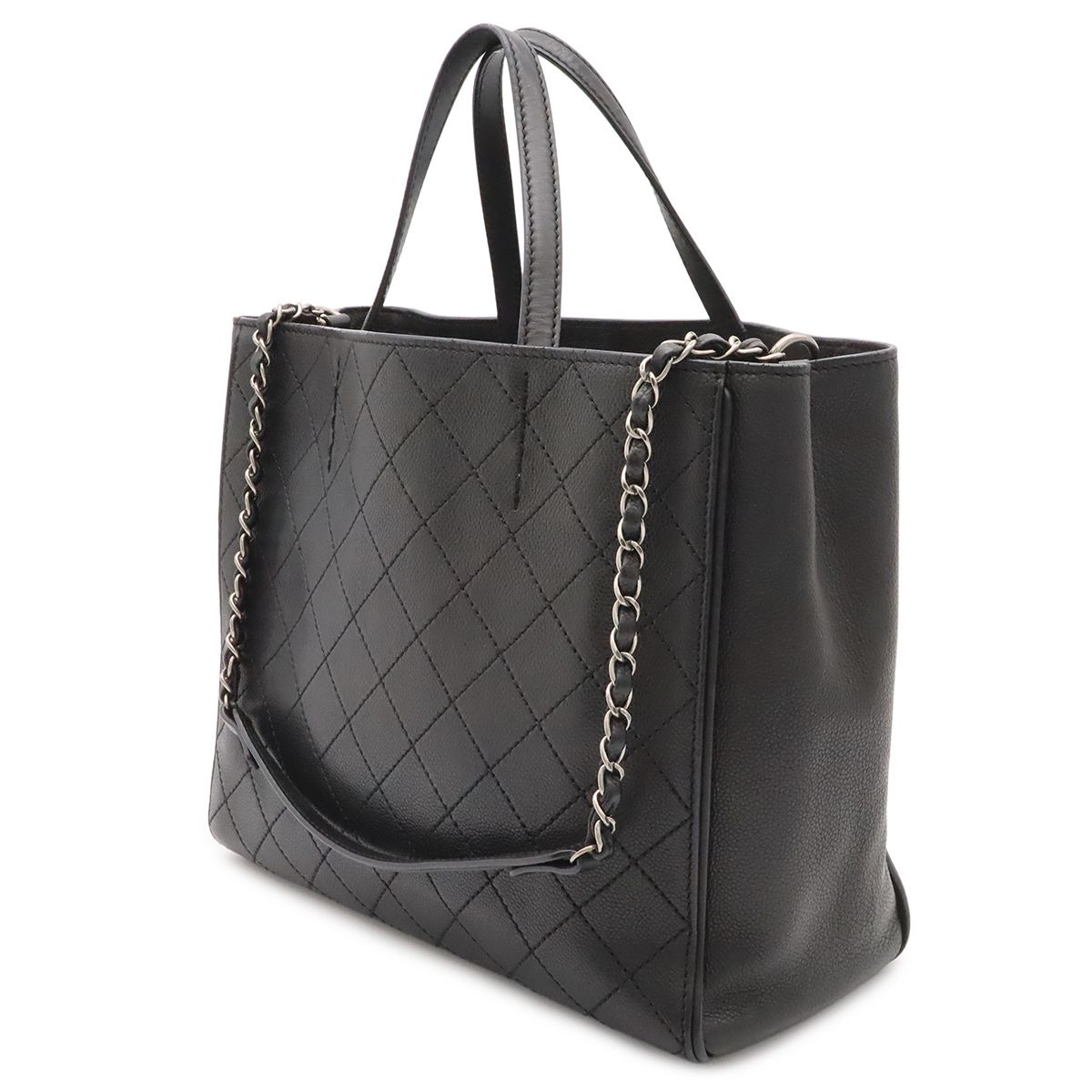 Chanel Quilted CC Logo Tote 2-Way Chain Shoulder Bag Caviar Leather Black — view 2