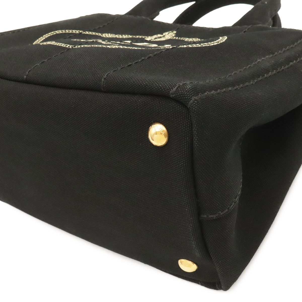 Prada Canapa Tote 2-Way Shoulder Bag Striped Canvas Nero Black Talco Gold — view 3