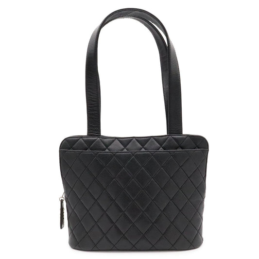 Chanel Quilted CC Logo Tote Shoulder Bag Caviar Leather Black Silver