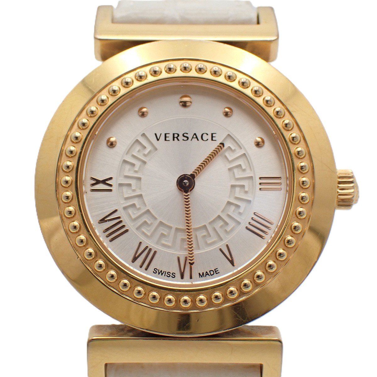 Versace Vanity Quartz Boys' Watch Pink Gold Silver Dial Leather Strap P5q
