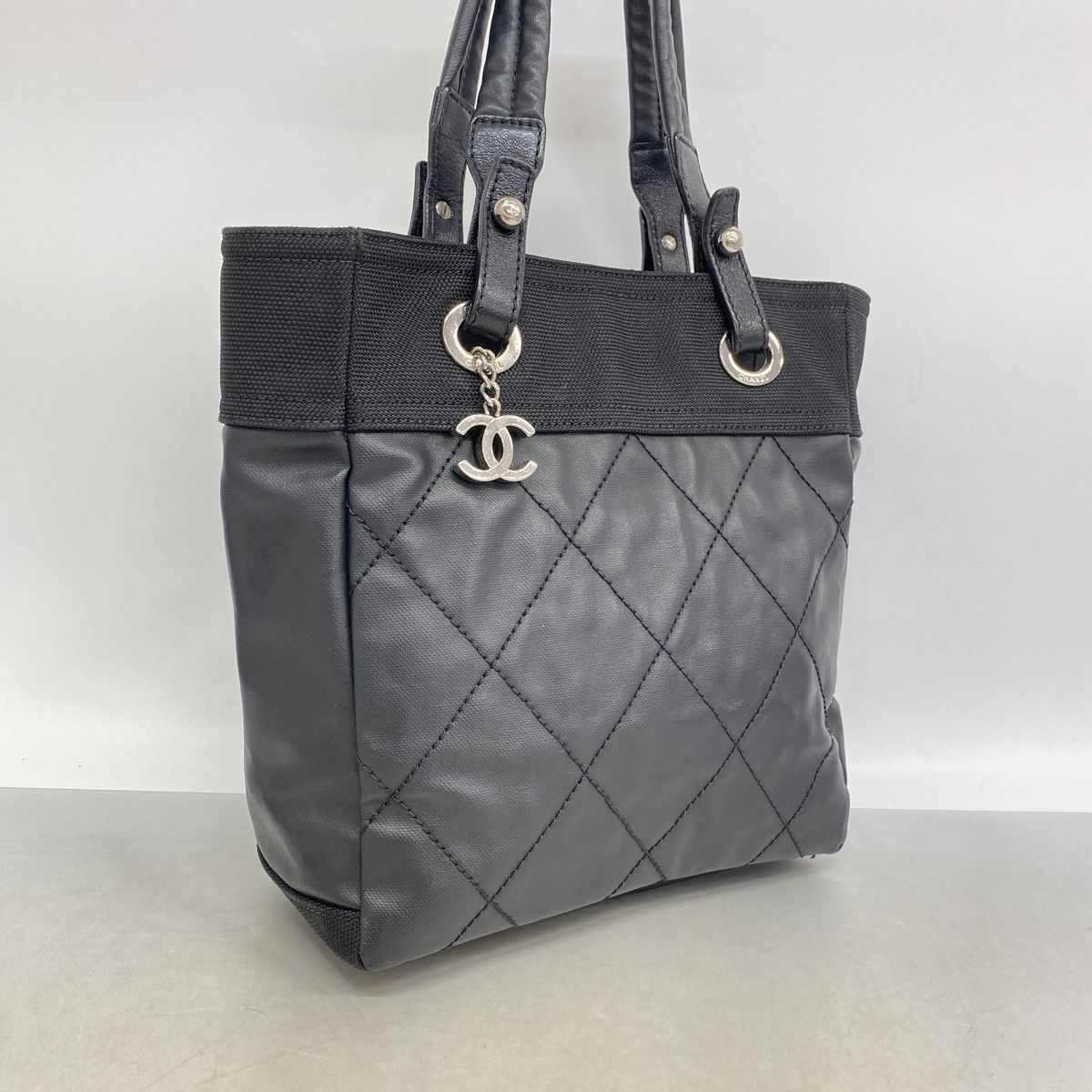 Chanel Tote Bag Paris Biarritz Leather Black Silver — view 2