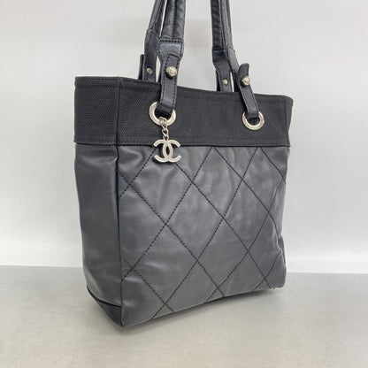 Chanel Tote Bag Paris Biarritz Leather Black Silver — view 2