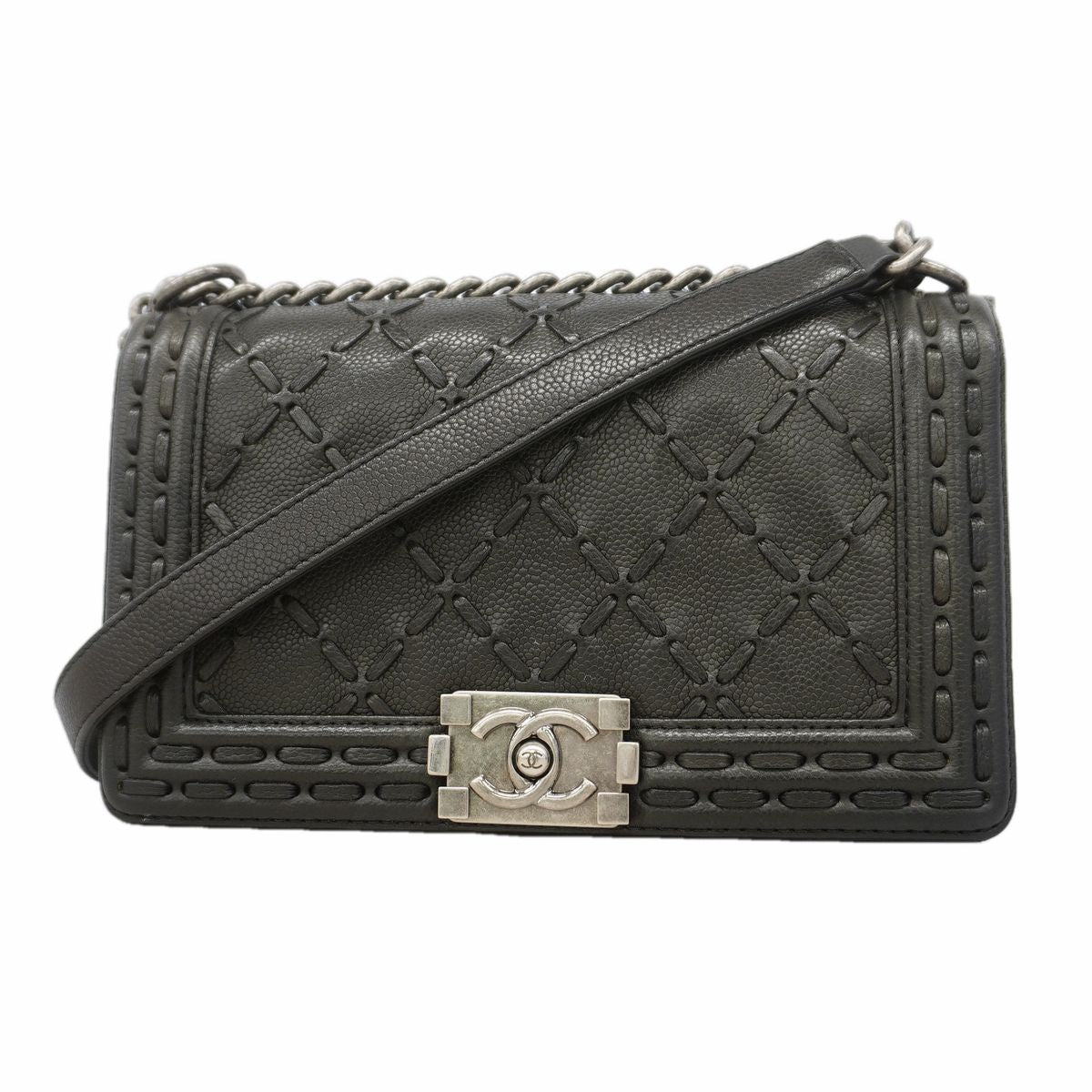 Chanel Shoulder Bag Boy Caviar Leather Black Silver
