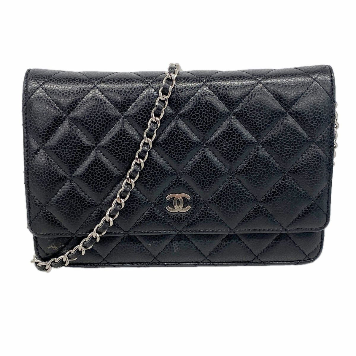 Chanel Wallet on Chain Quilted Caviar Leather Black Silver Shoulder Bag