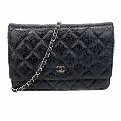 Chanel Wallet on Chain Quilted Caviar Leather Black Silver Shoulder Bag