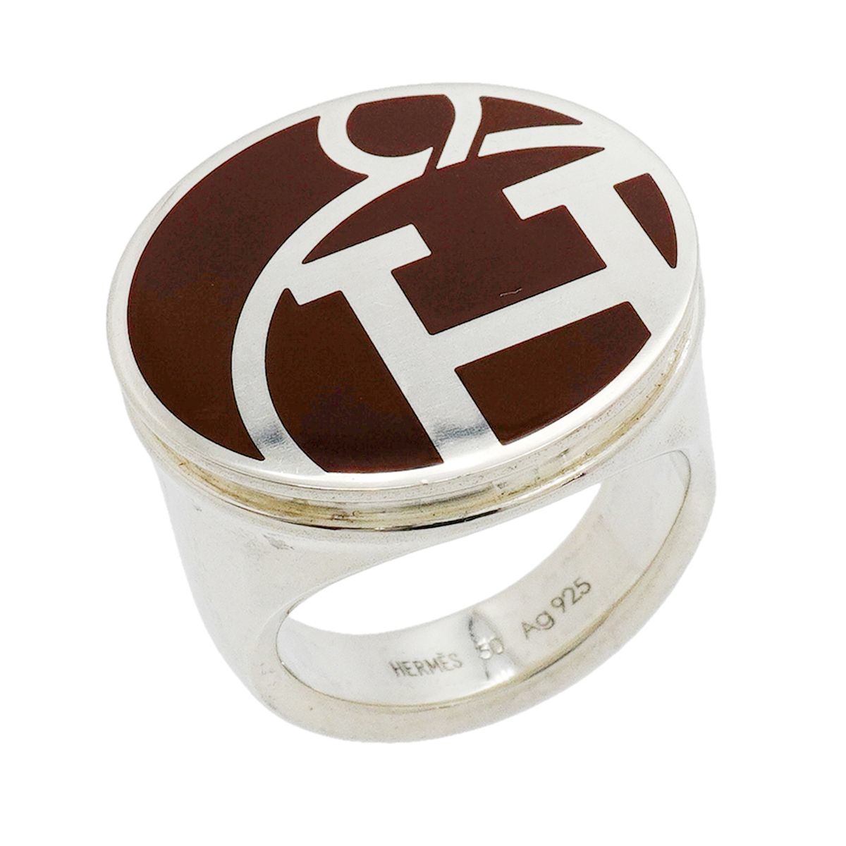 Hermes Ring Signet Round Circle 925 Sterling Silver Brown