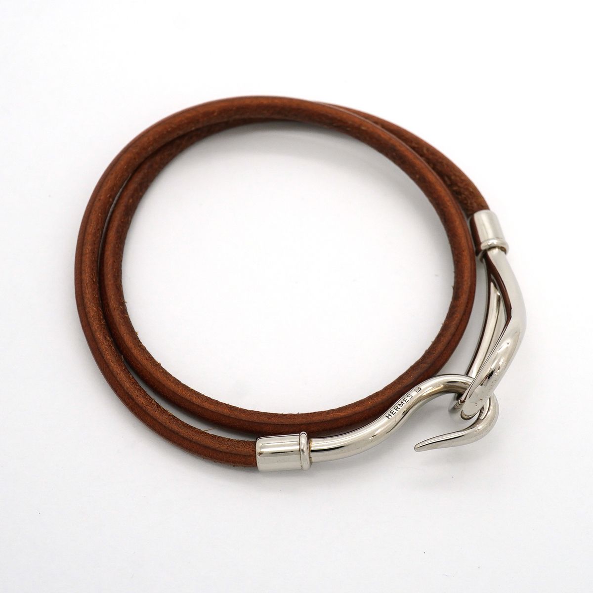 Hermes Bracelet Jumbo Hook Metal Leather Silver Brown — view 2