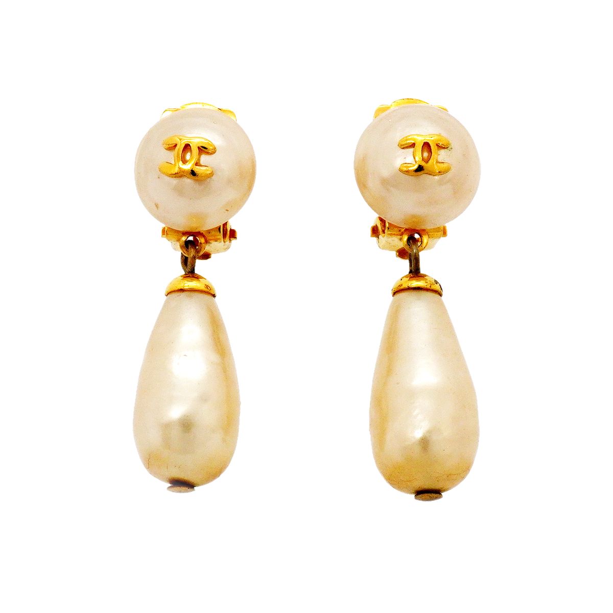 Chanel Earrings Vintage CC Logo Gold Plated Faux Pearl