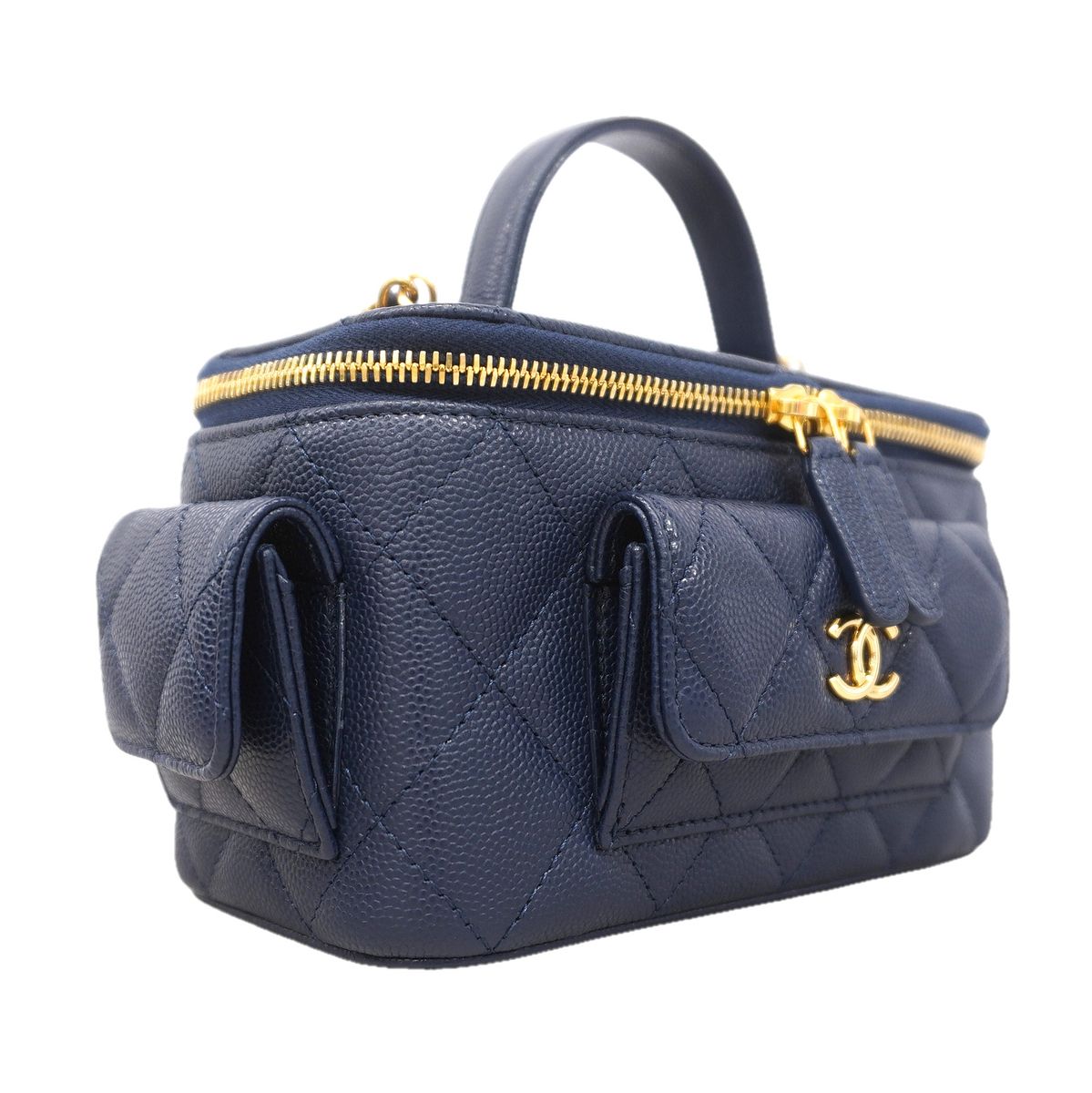 Chanel Handbag Quilted Caviar Leather Blue Gold 2-Way Bag — view 2